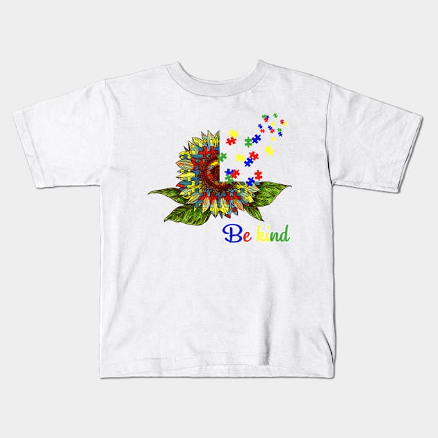 Be Kind Autism Awareness Sunflower Unity Day Kids T-Shirt by StuSpenceart